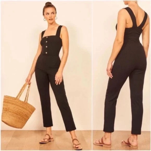 Reformation Landry Jumpsuit Medium Black Ribbed Knit Square Neck Button Lyocell - Picture 1 of 11